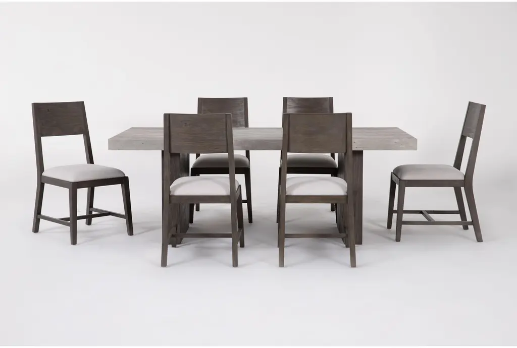 Titan Brown + Grey Faux Concrete 82" Dining Table With Upholstered Side Chair Set For 6 | Bench
