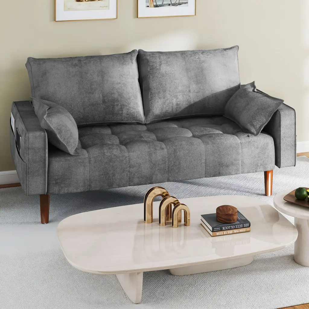 Moasis 56" Velvet Tufted Loveseat Sofa With Button Tufted Seat And Side Storage Pocket - Grey