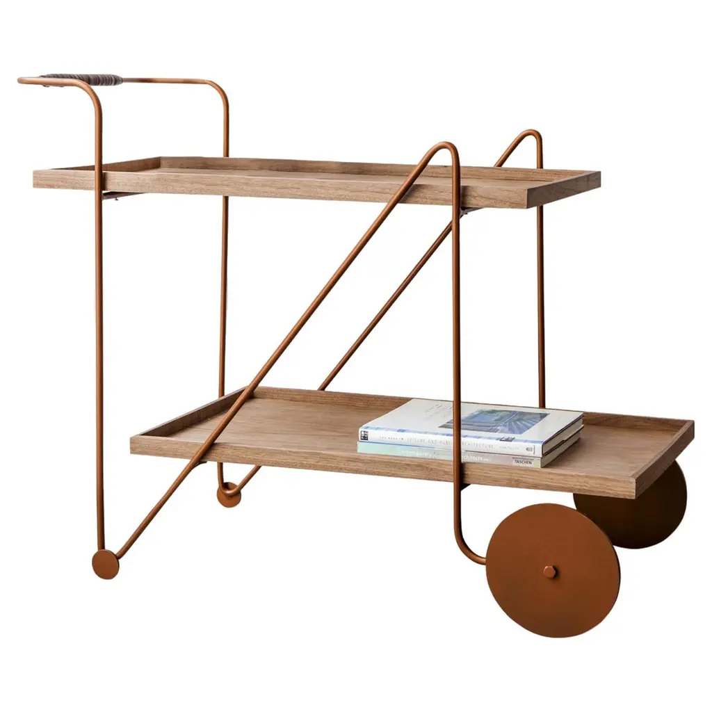 "Jorge" Bar Cart Modernist Style In Color Painted Steel And Wood Natural