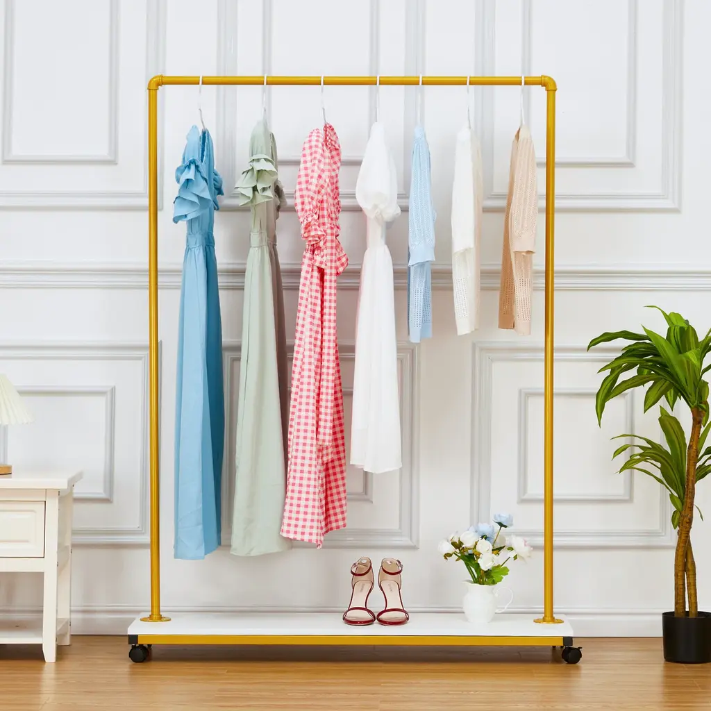 Gold Metal Clothing Rack With Wood Shelf - Gold