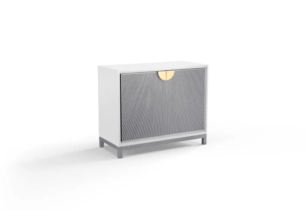Cabinet With Radiating Silver-Stained Oak Sticks Within A White Lacquered Body