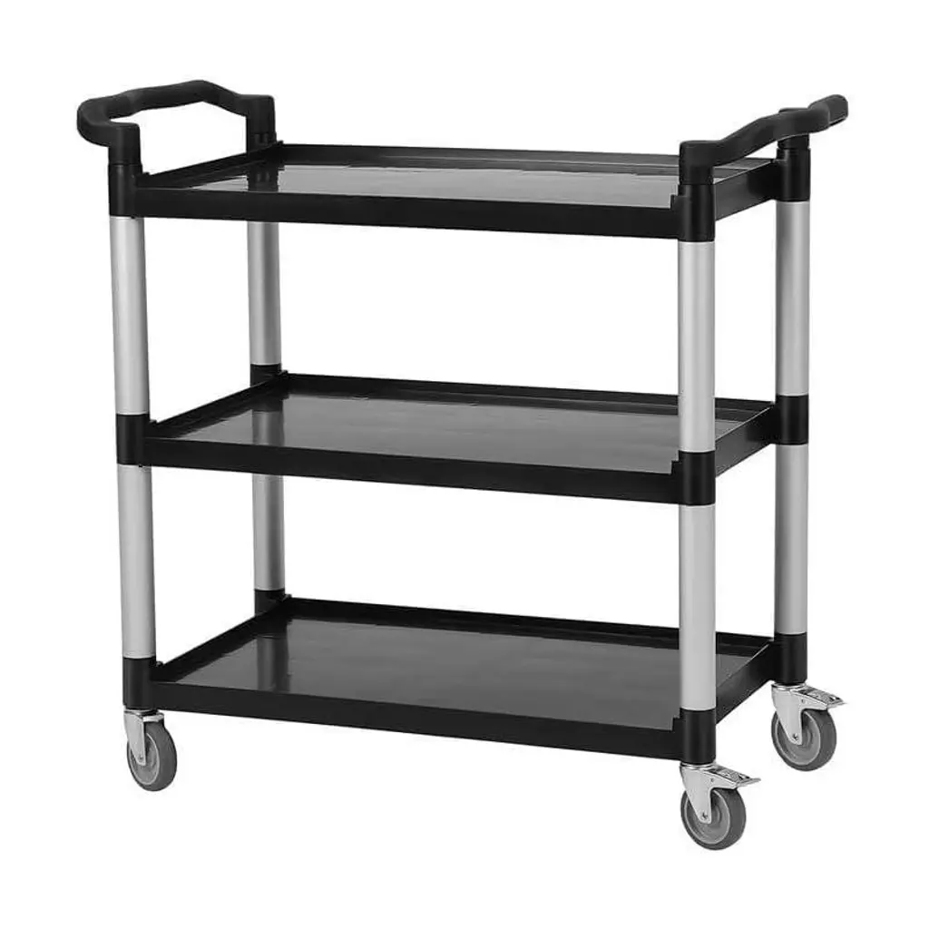 3 Tier Plastic Service Utility Cart With Wheels, Lockable Wheels, Metal Frame, Office/kitchen/hotel Food Service/commercial/restaurant, Black