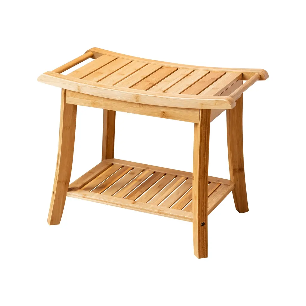 Bamboo Shower Bench Stool With Storage Shelf Waterproof Shower Chair Spa Bath Seat Excellent For Indoor Use - Natural