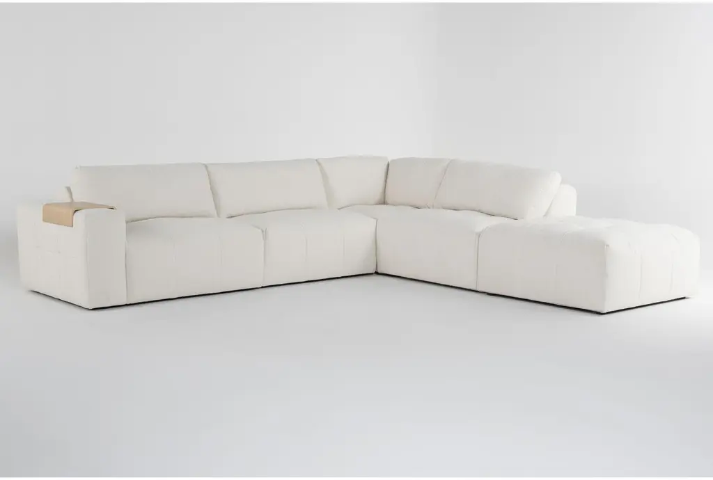 Amallo Ivory White Fabric 141" 5 Piece Modular L-Shaped Sectional With Right Arm Facing Bumper Chaise | Symmetrical | Tufted