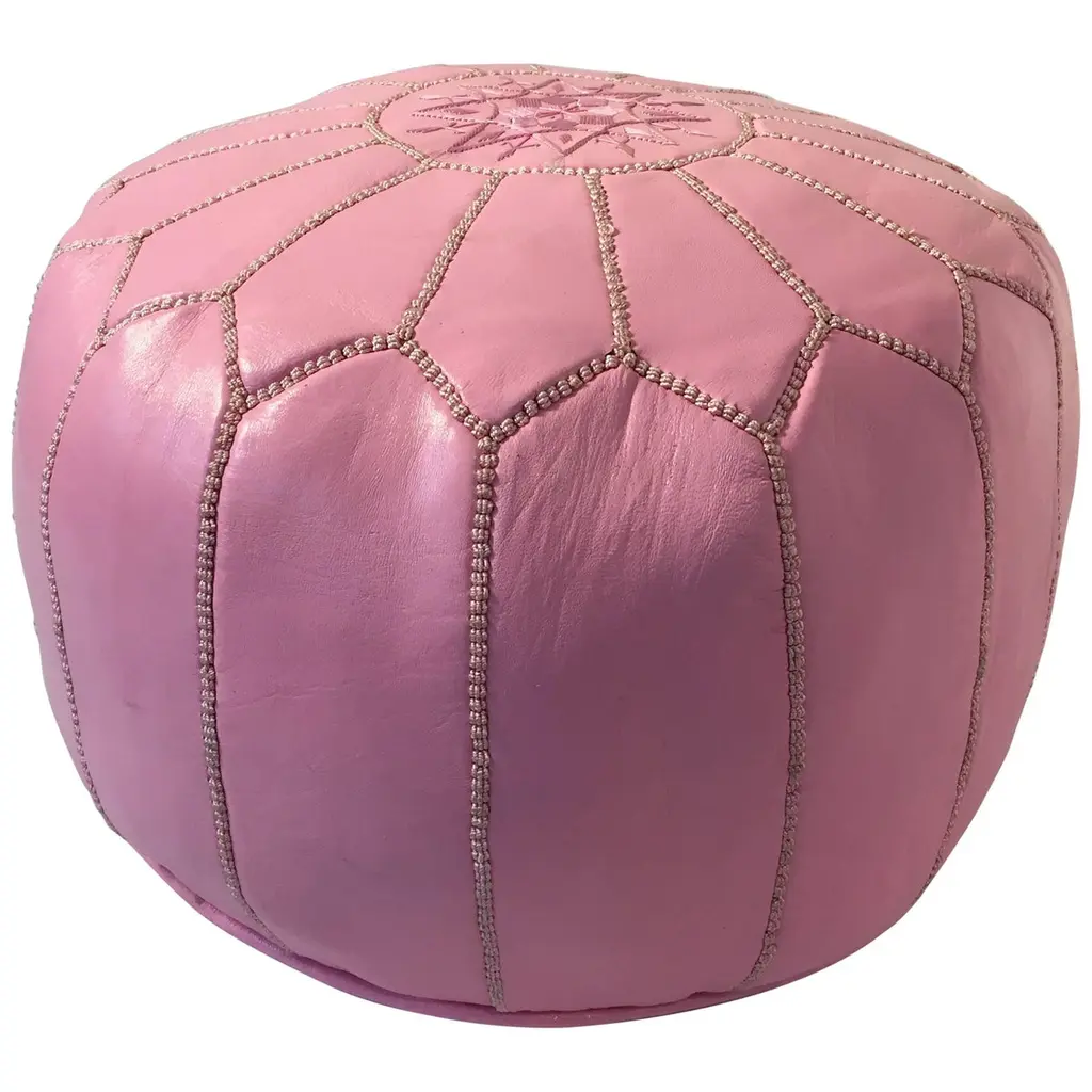 Moroccan Hand Tooled Leather Pouf In Baby Pink Color