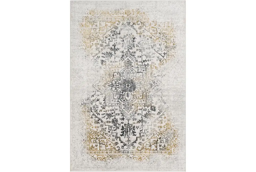 6'6"x9'5" Fiber Rug- Traditional Botanical Charcoal / Mustard Tatoo | Low Pile | Rectangle By Surya