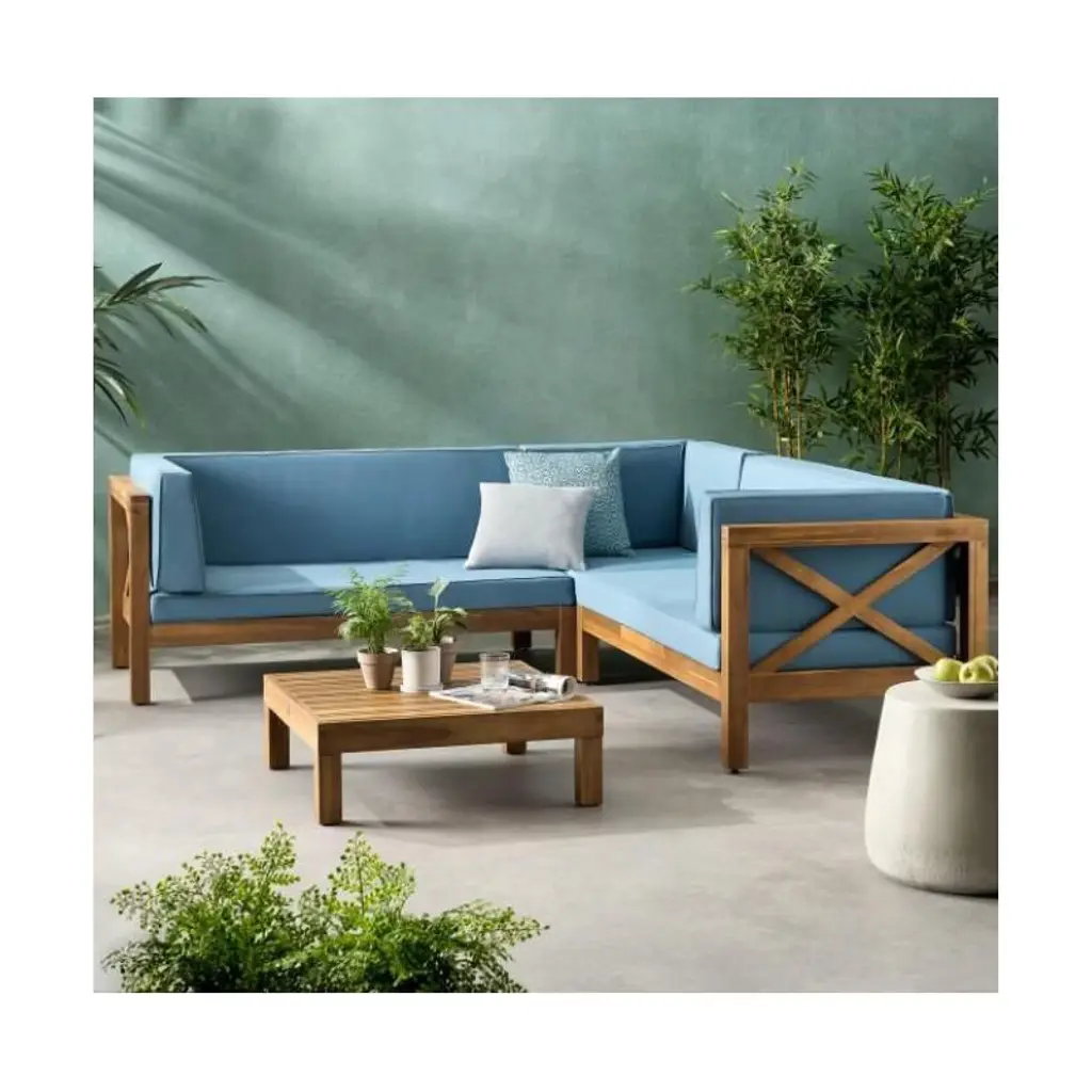 Cavinas Outdoor Couch Set With Coffee Table, Acacia Wood Patio Furniture Set, Modern Outdoor Sectional Furniture For Backyard, Blue