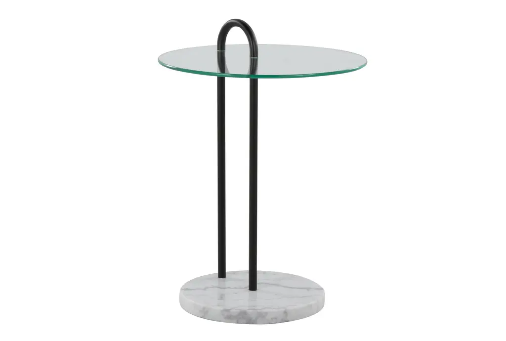 25" White Marble + Black Metal Base With Clear Glass Accent Table | Round | Pedestal