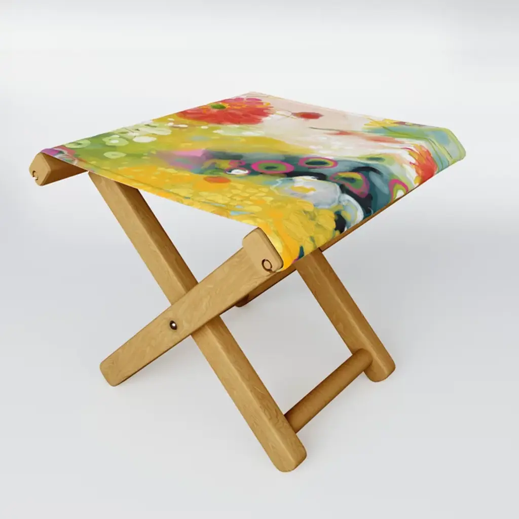 Abstract Floral Art In Yellow Green And Rose Magenta Colors Folding Stool