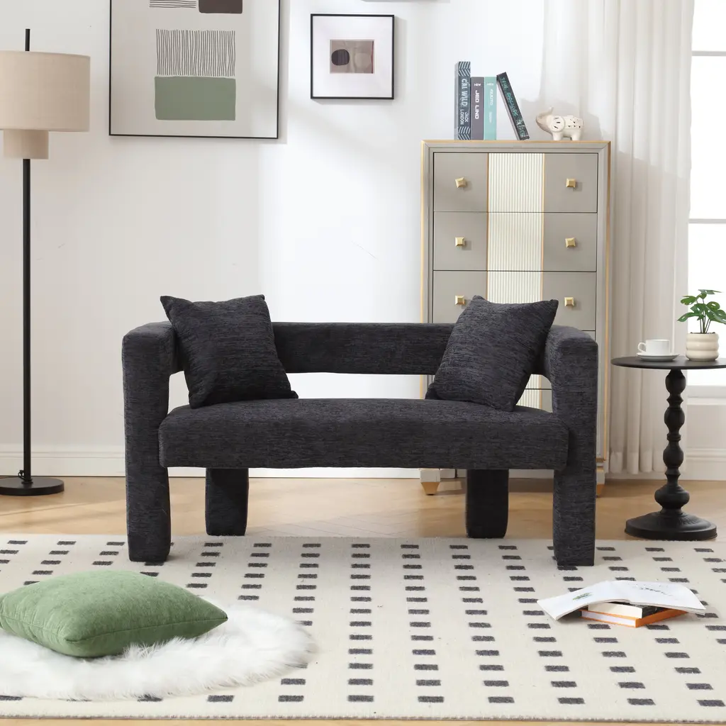 Modern Chenille Double Sofa, Comfortable Cushioned Small Sofa, Suitable For Living Room Bedroom, Leisure - Black