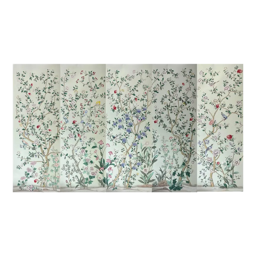 Chinoiserie Mural Hand Painted Silk Wallpaper Panel - 5 Panels