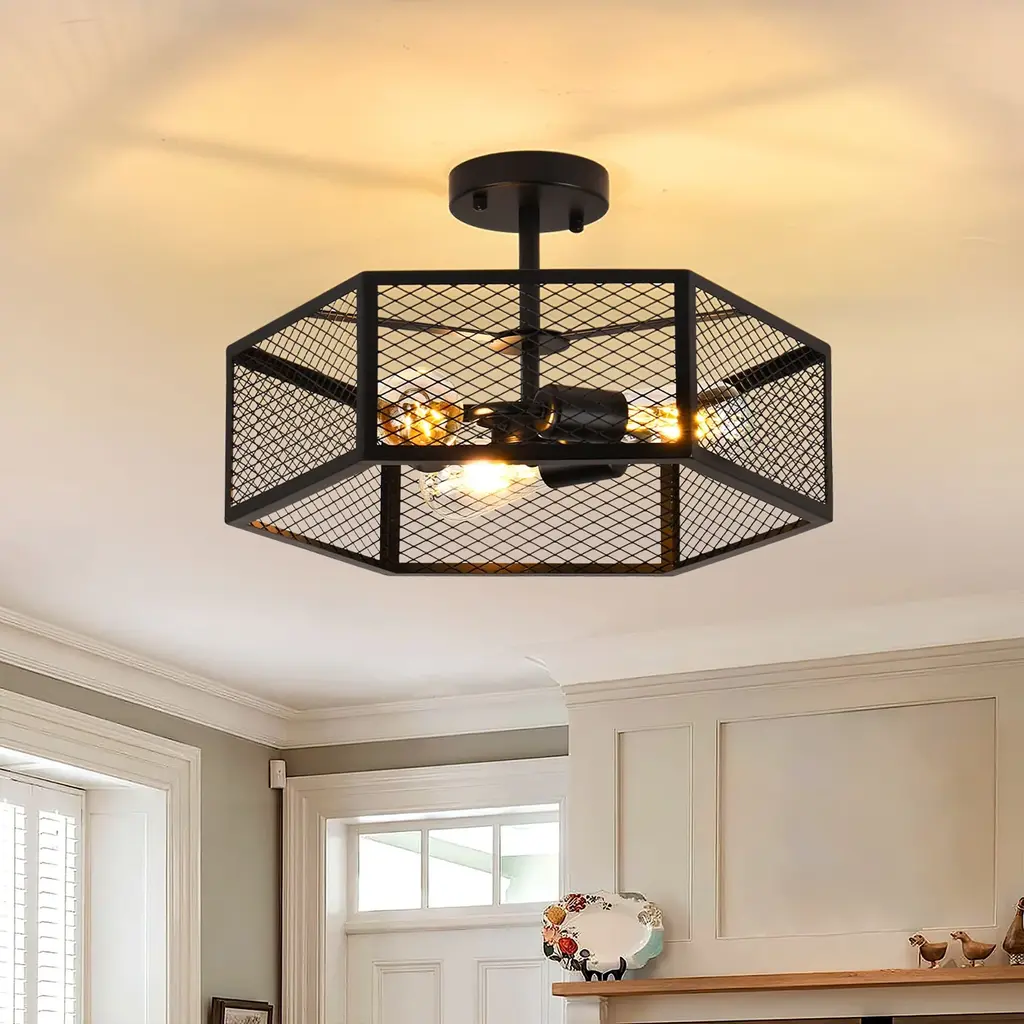 3-Light Farmhouse Drum Black Caged Semi Flush Mount - Matte Black - N/a - Matte Black