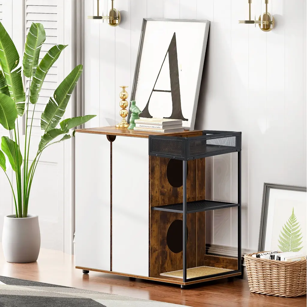 Litter Box Enclosure For 2 Cats.cat Litter Box Furniture,enclosed Cat Litter Boxes,cat Furniture Cabinet,rustic Brown - White+walnut