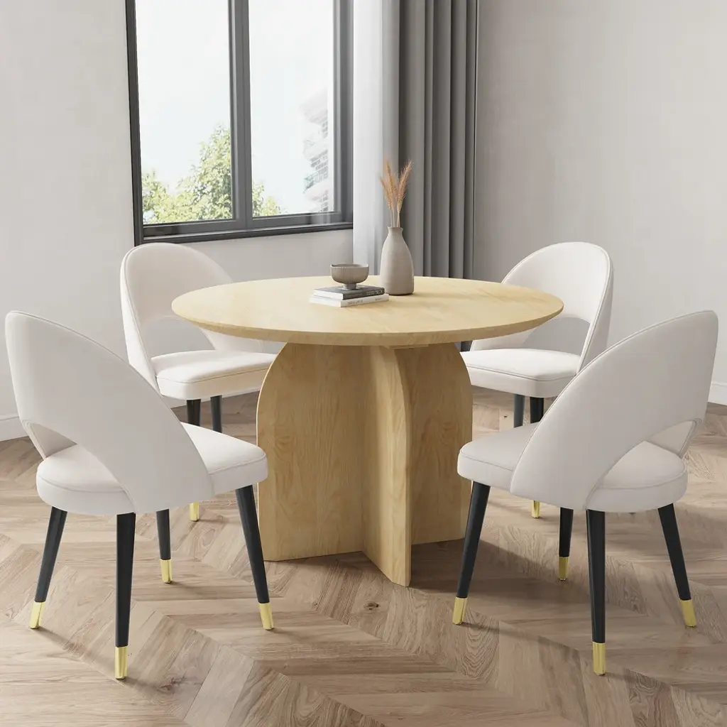 Dining Set 39" Modern Round Wood Dining Table Natural With 4 Chairs