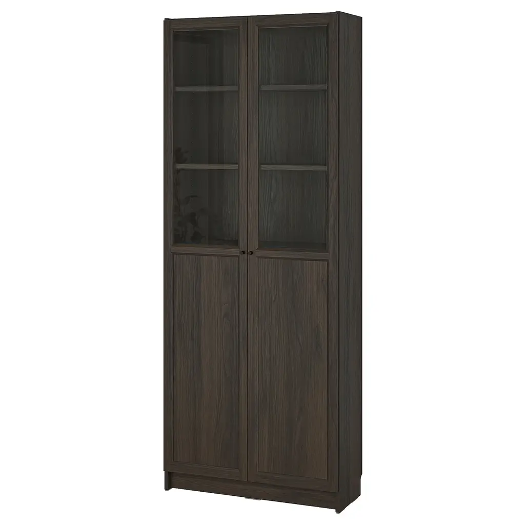 Billy / Oxberg Bookcase With Panel/glass Doors - Dark Brown Oak Effect 31 1/2x11 3/4x79 1/2 "