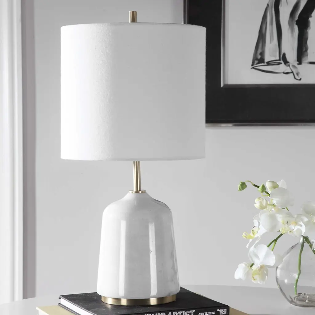 Marble Base Table Lamp With White Drum Shade - 20" - White And Gray - White