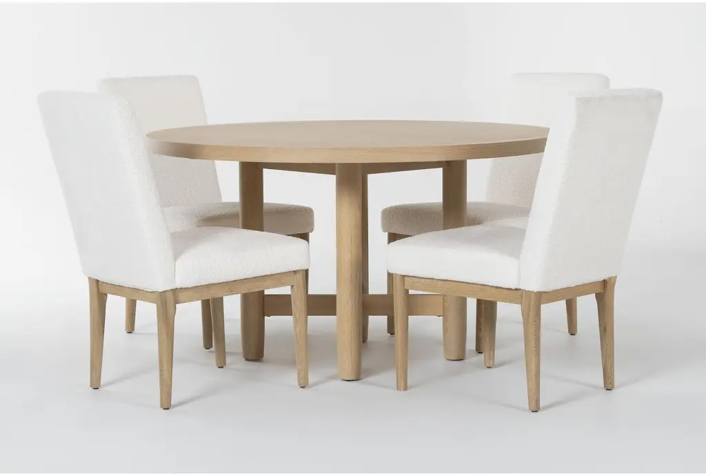 Freya Natural Wood 54" Round Dining Table With Performance Boucle Side Chair Set For 4