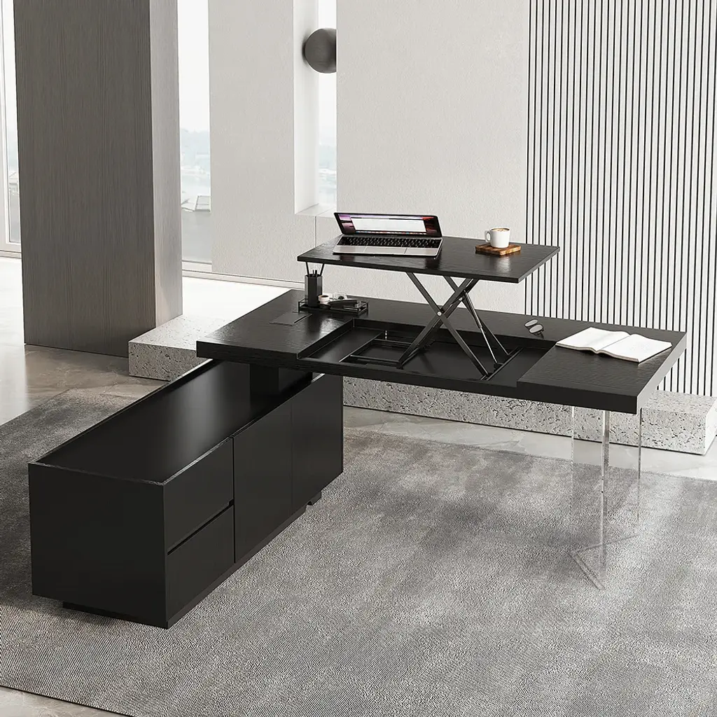 Set Modern Black L-Shape Standing Desk & Leather Office Desk Chair Set Khaki (71.5")