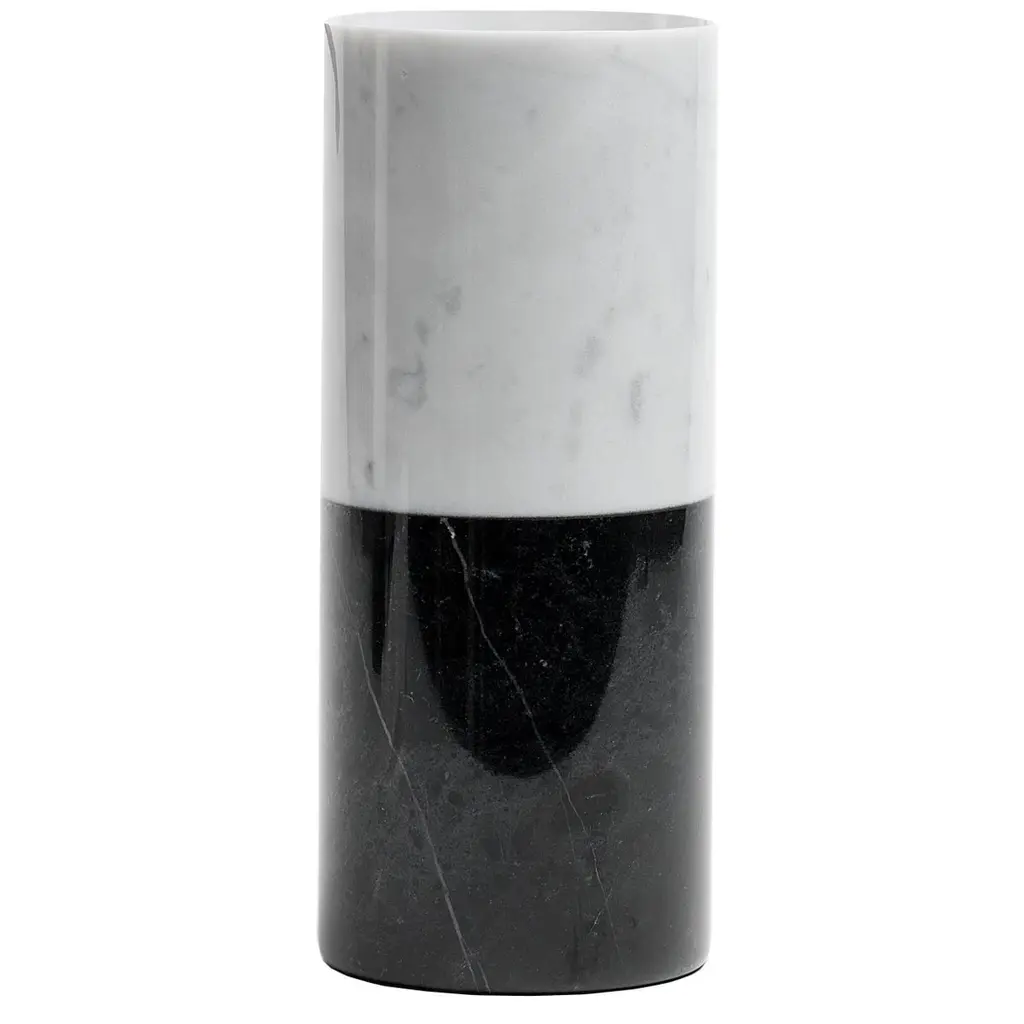 Handmade Cylindrical White Carrara Marble Vase With Black Marquina Marble Stripe