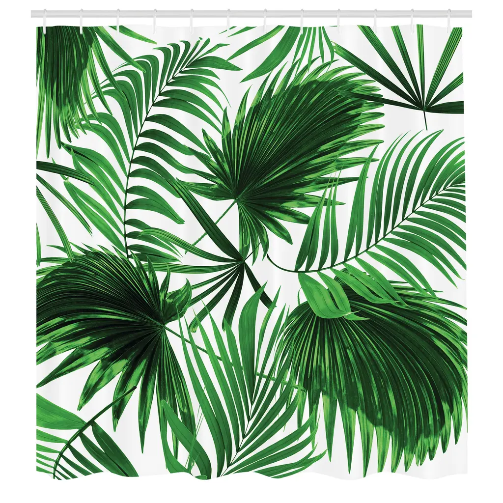 Ambesonne Palm Leaf Shower Curtain, Cloth Fabric Bathroom Decor Set With Hooks - 69 X 84 - Fern Green White