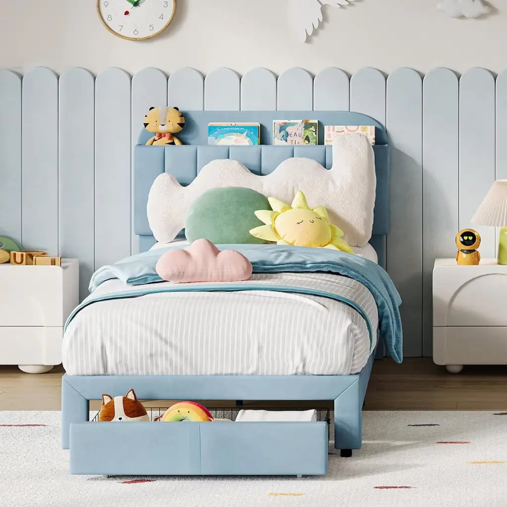 Twin Bed Frame For Kids, Upholstered Platform Bed With Large Storage Drawer And Bookcase Headboard, Boys Bed, Noise-free, Easy Assembly