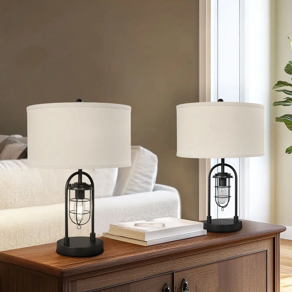 Linen Shade Metal Table Lamps With Nightlight(set Of 2) - Black
