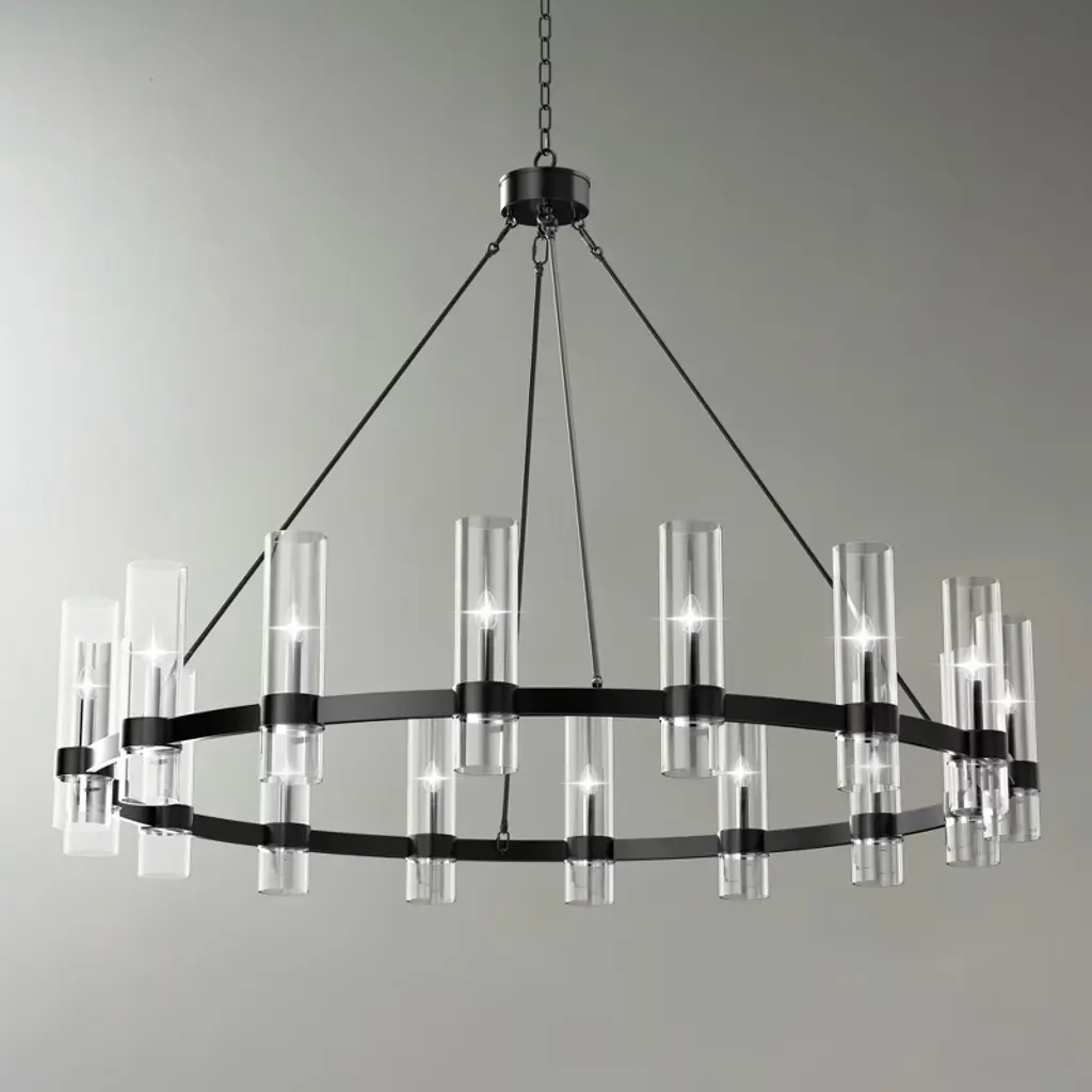 Baoure 16-light Black Wagon Wheel Chandelier With Glass Shade, 47.2-inch Round Farmhouse Pendant Light Fixture For Dining Rooms, Foyers & Entryways