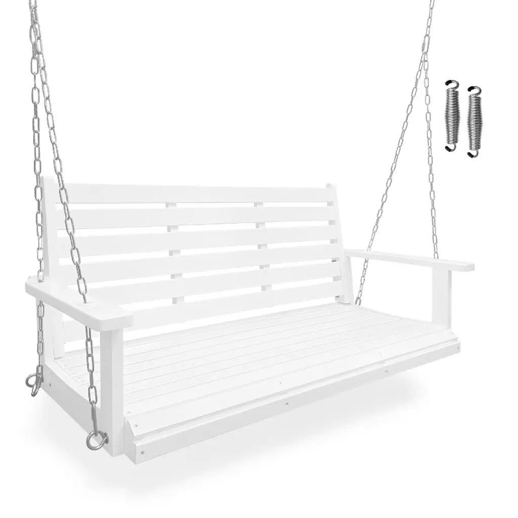 Fortune Candy Wooden Porch Swing 2-seater Extra Large, Ergonomic Seat, Bench Swing With Hanging Chains, For Outdoor Patio Garden Yard (White)