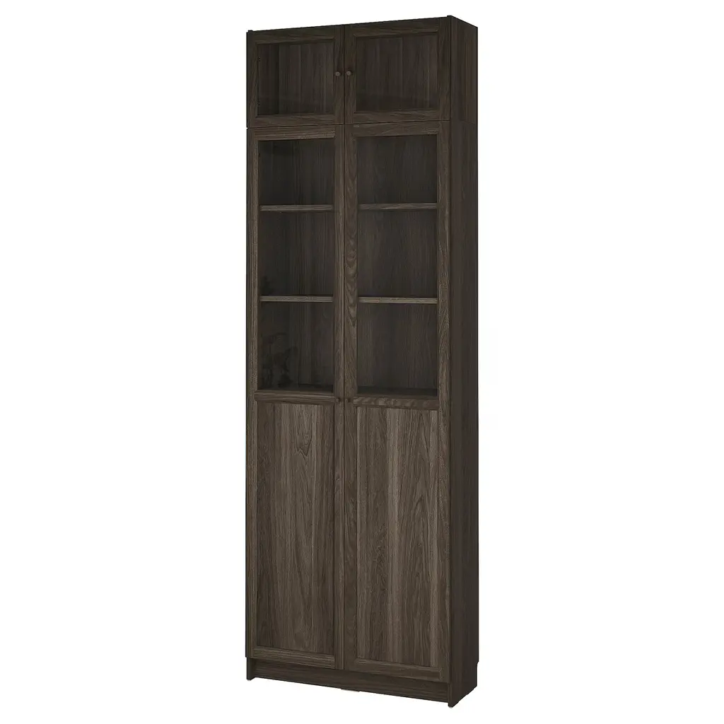 Billy / Oxberg Bookcase W Glass Doors - Dark Brown Oak Effect/clear Glass 31 1/2x11 3/4x93 1/4 "