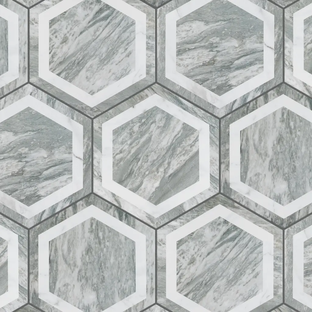 Merola Tile Biotech Hex Bardiglio Deco 11" X 13" Porcelain Floor And Wall Tile - Case (14 Tiles)