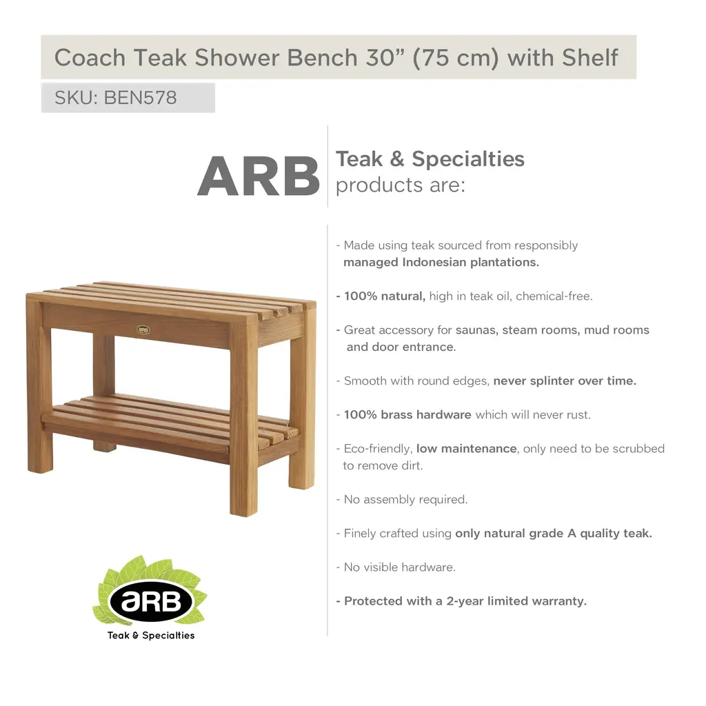Teak Shower Bench Coach 30" (75 Cm) With Shelf - Brown