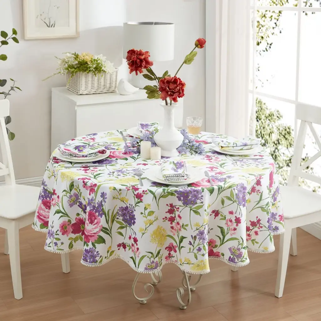 Sophia Pom Pom Tablecloth - Multicolor - 60x84 Oval - Elrene Home Fashions