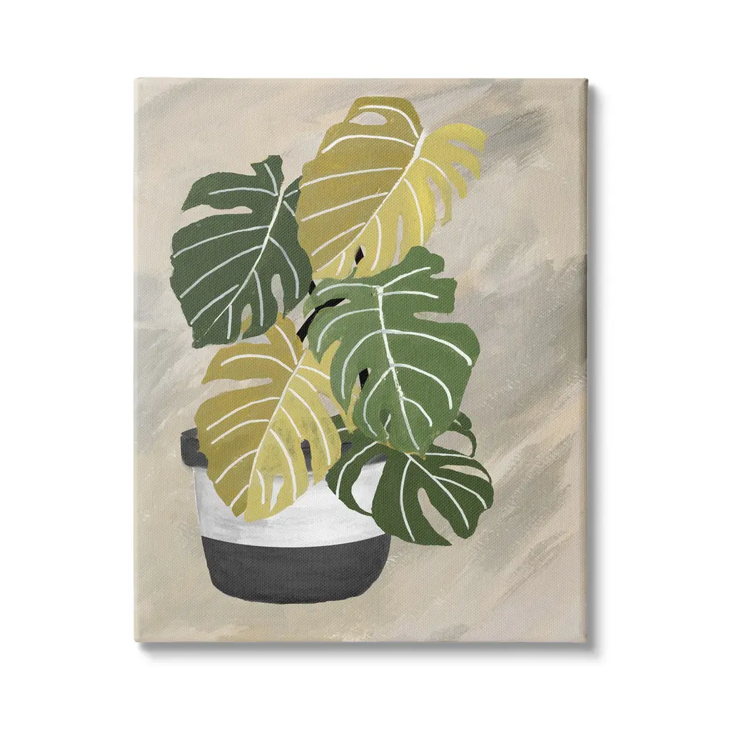 Stupell Monstera Plant Black Stripe Planter Abstract Neutral Background Canvas Wall Art - Green - 16 X 20