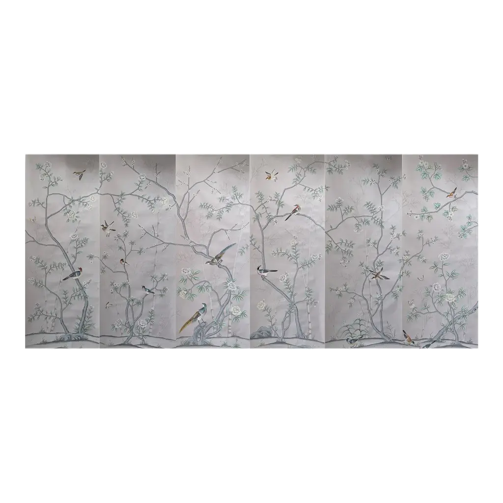 Chinoiserie Mural Hand Painted Wallpapers On Silk Panel - 6 Panels