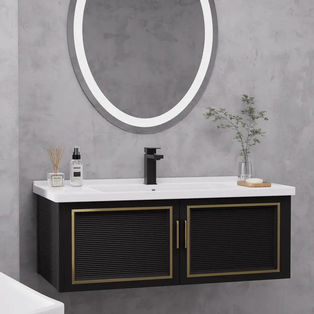 40" Black Floating Bathroom Vanity Set Drop-In Ceramic Sink With Cabinet