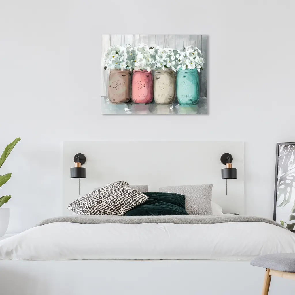 Wynwood Studio Canvas Floral And Botanical Mason Jar Turquoise White And Pastel Pink Rustic Wall Art Canvas Print - 24 X 36