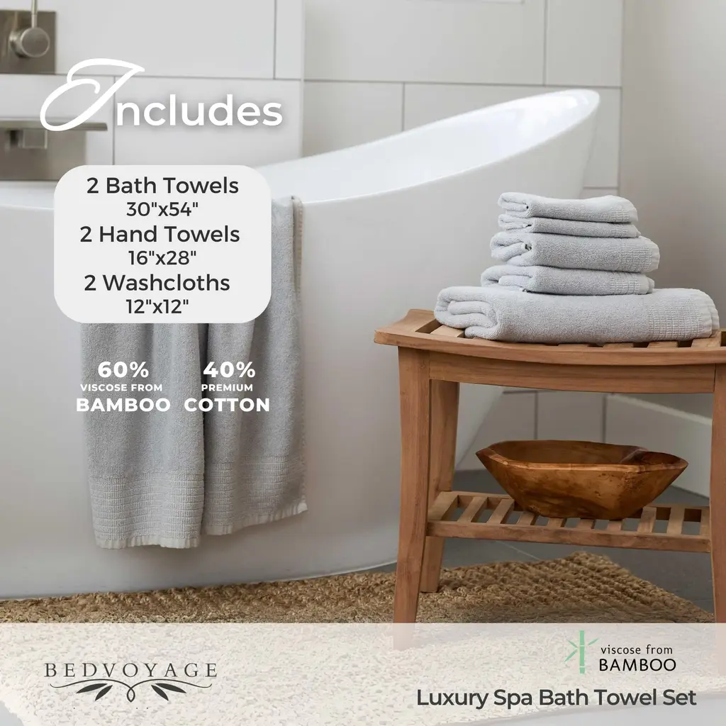 Bedvoyage Luxury Bamboo Spa Towel 6Pc Set - 6Pc Set - Stone