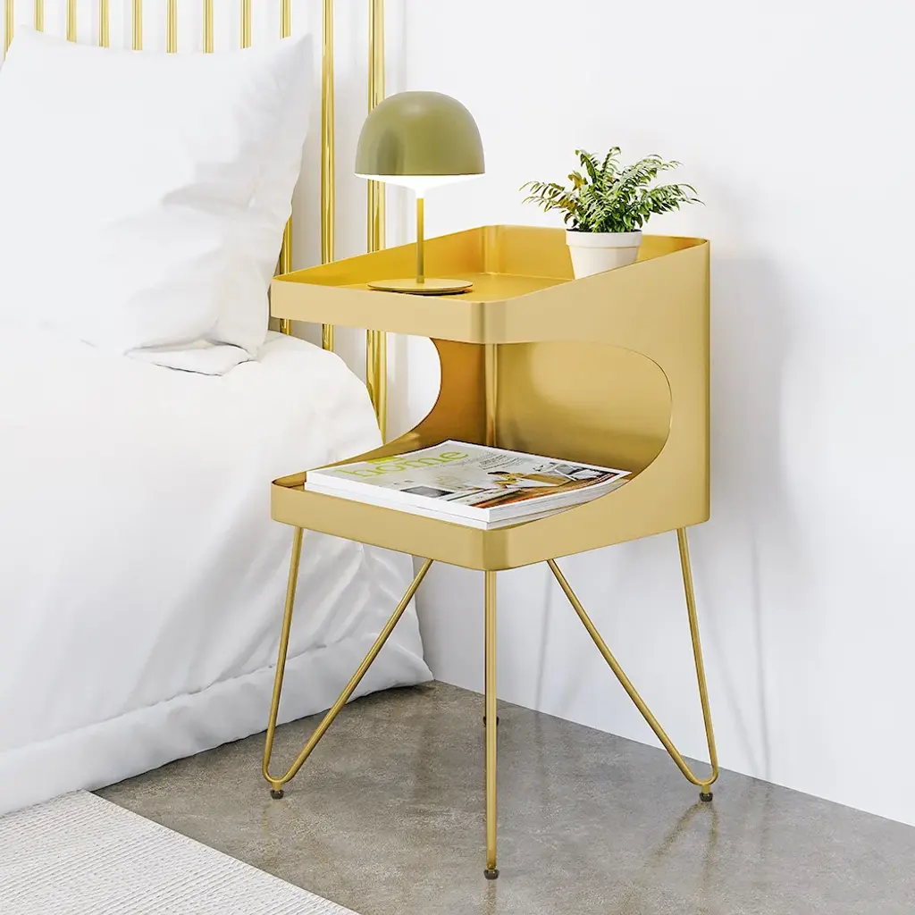 Modern Metal Open Gold Nightstand Set Of 2 With 2 Shelves