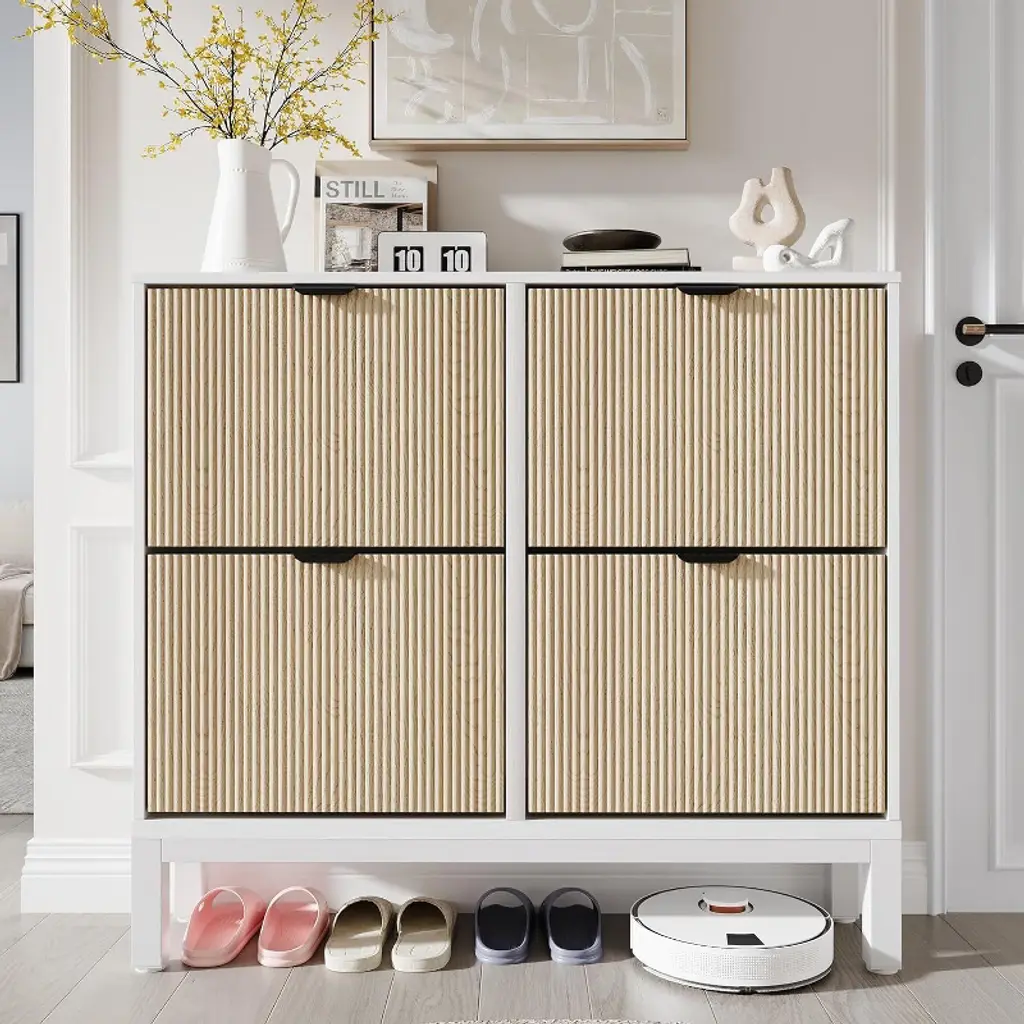 Acekool Shoe Cabinet Storage With 4 Flip Drawers, Adjustable Shelves & Metal Legs – White + Oak