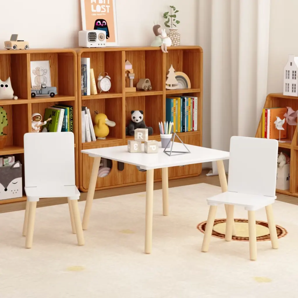 Fontoi Kids Table Sets, Wooden Kiddy Activity Play Table Set, Toddler Table And 2 Chairs With Cartoon Pattern For Kids, White, 23.6"*17.3"*23.6"