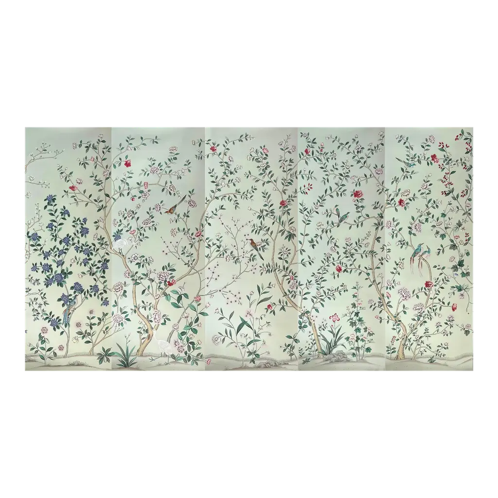 Chinoiserie Mural Hand Painted Wallpaper On Celadon Silk Panel - 5 Panels