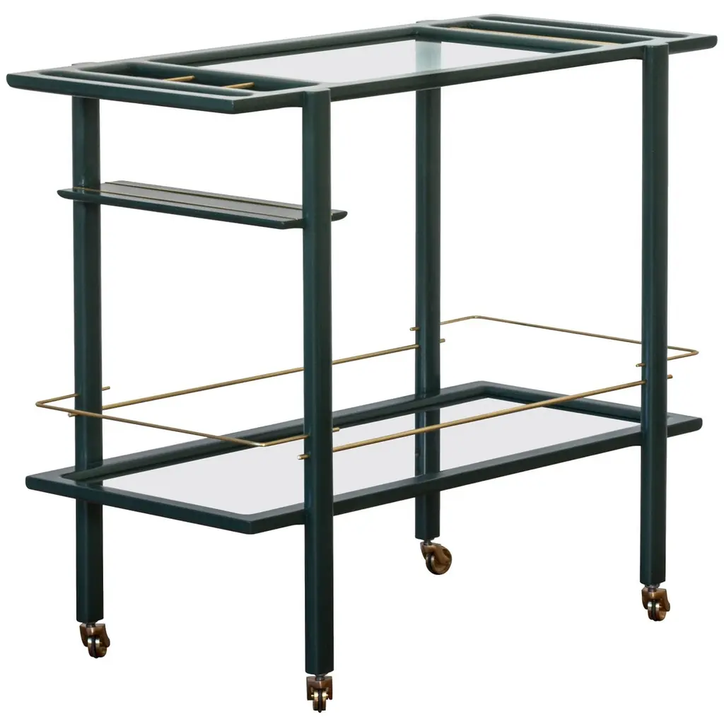 Custom Lacquered Mid-Century Modern Bar Cart, Brass Details & Glass Shelves