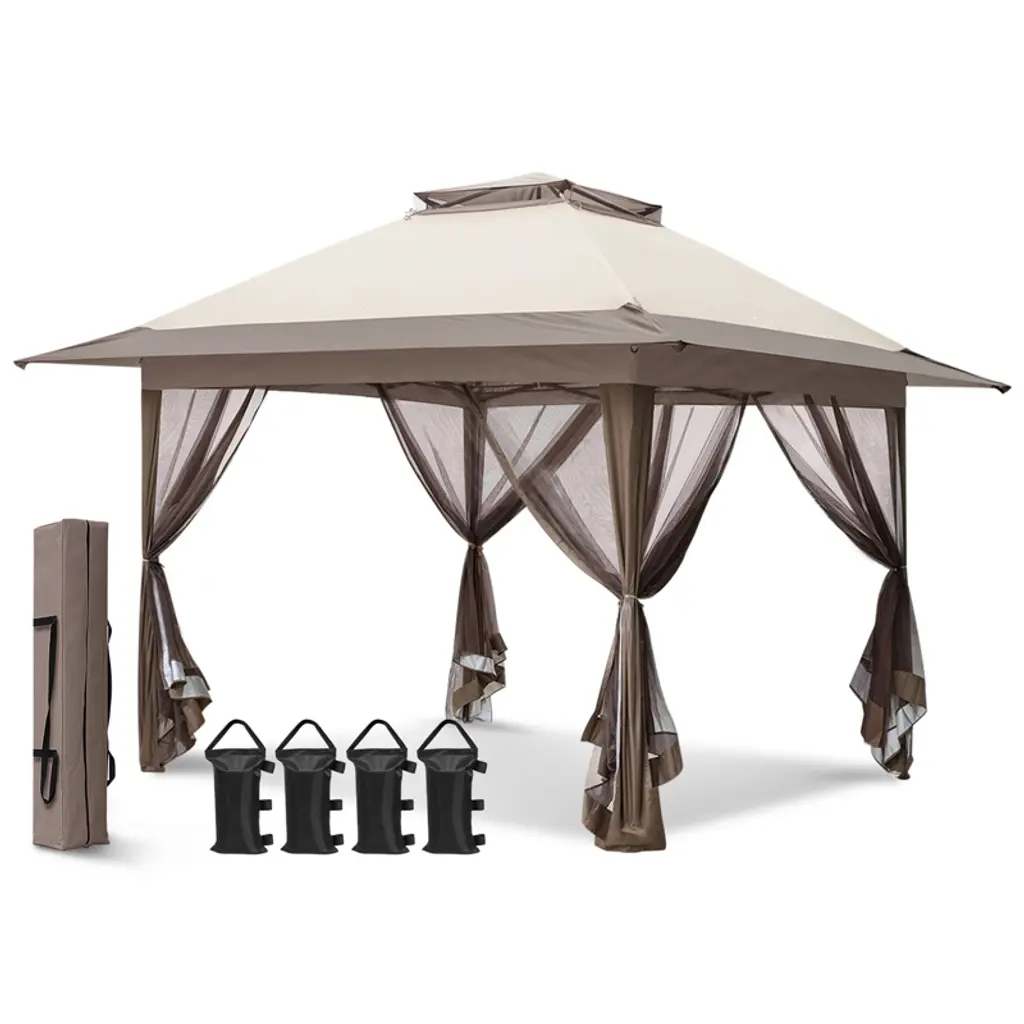 Eagle Peak 13x13 Pop Up Gazebo With Mesh Netting, Easy Up Screened Canopy For Patio And Backyard,  Easy Set Up Outdoor Gazebo (Beige/brown)
