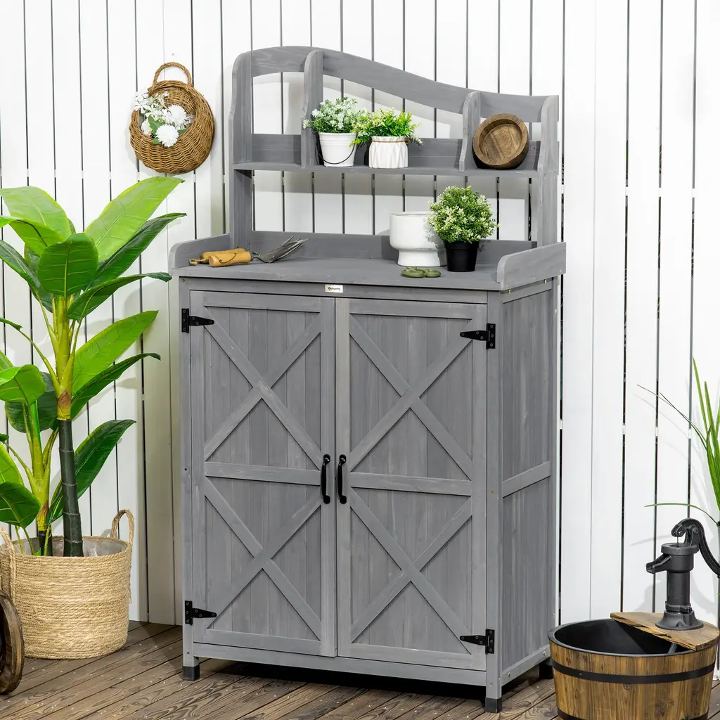 2-In-1 Outdoor Potting Bench & Work Table With Storage - Grey