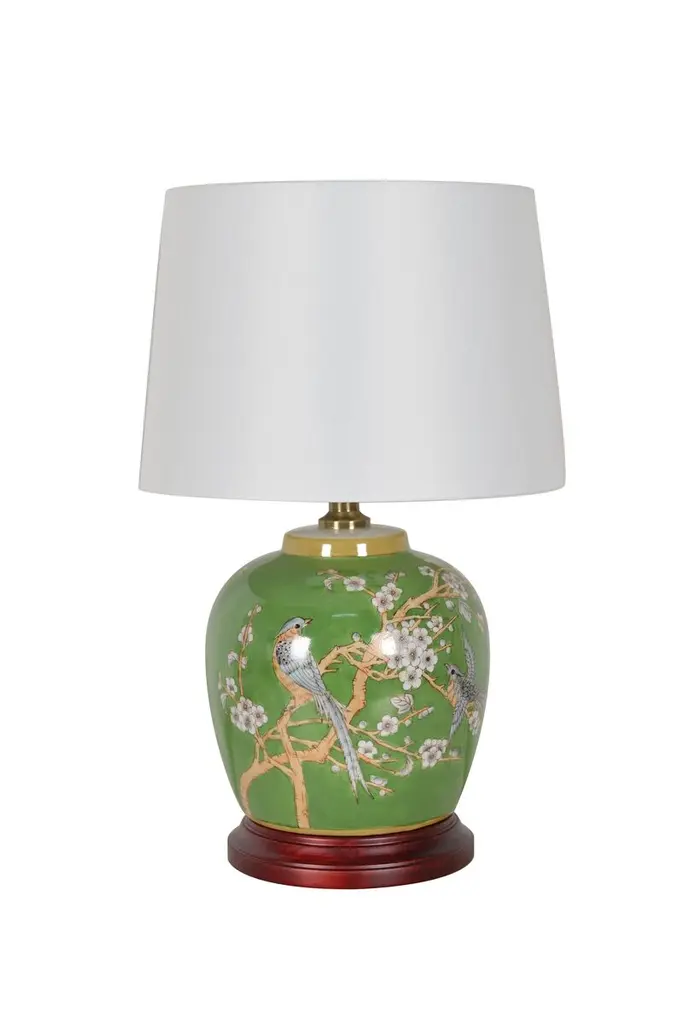 Deelia Porcelain Birds On Branches Table Lamp, Green/white