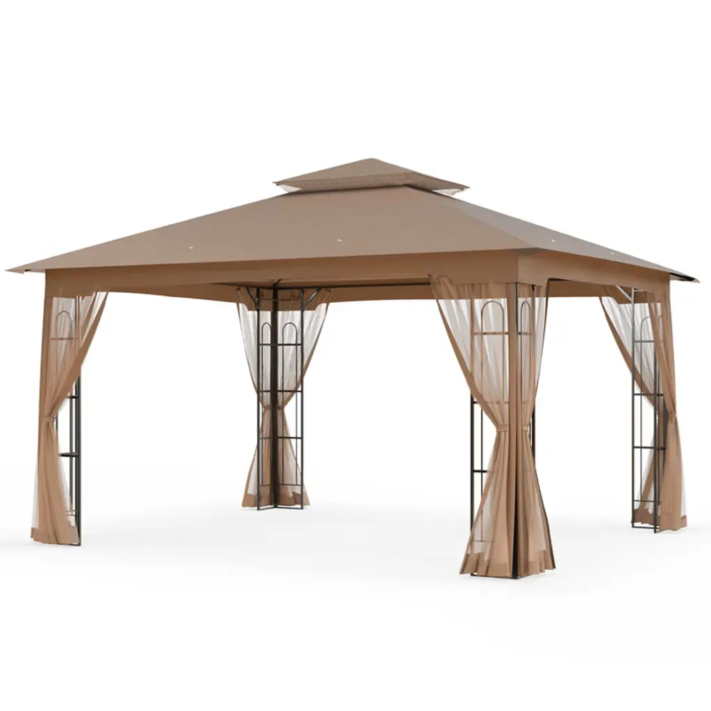 Eagle Peak 13'x11'double Roof Outdoor Patio Gazebo With Mesh Netting, Brown