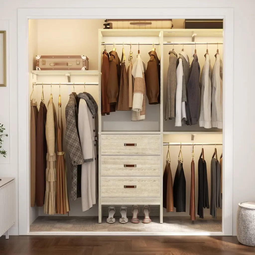Aheaplus 60'' Closet System With Fabric Drawers, Walk-in Closet Organizer With Hanging Rods And Adjustable Shelves