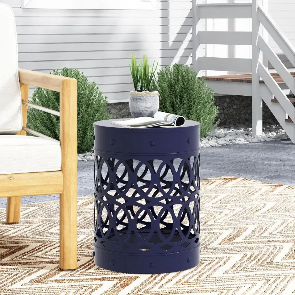 Paged Modern Round Outdoor Side Table,iron Patio End Tables For Backyard,pool, Indoor Companion,durable And Stable,navy Blue