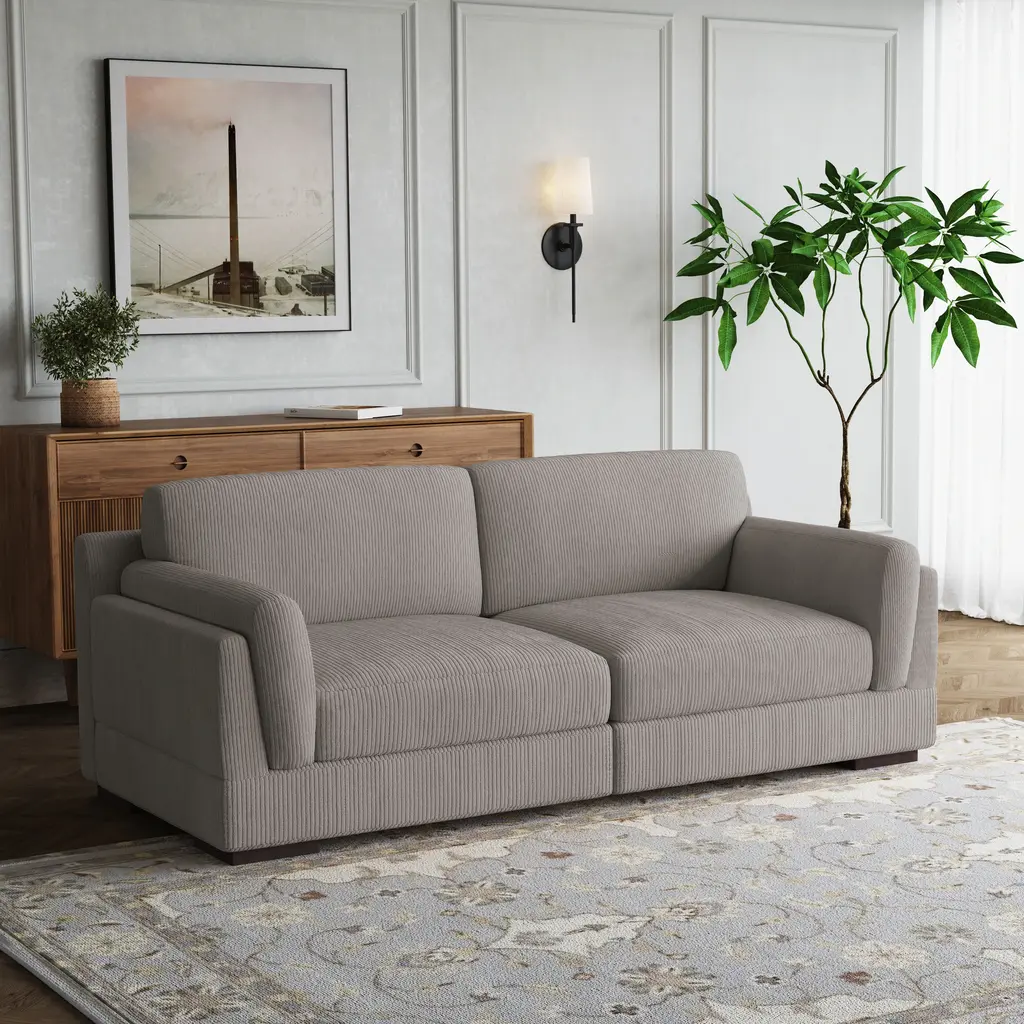 Modern 90 Inch Corduroy Loveseat Deep Seat Sofa - Light Grey