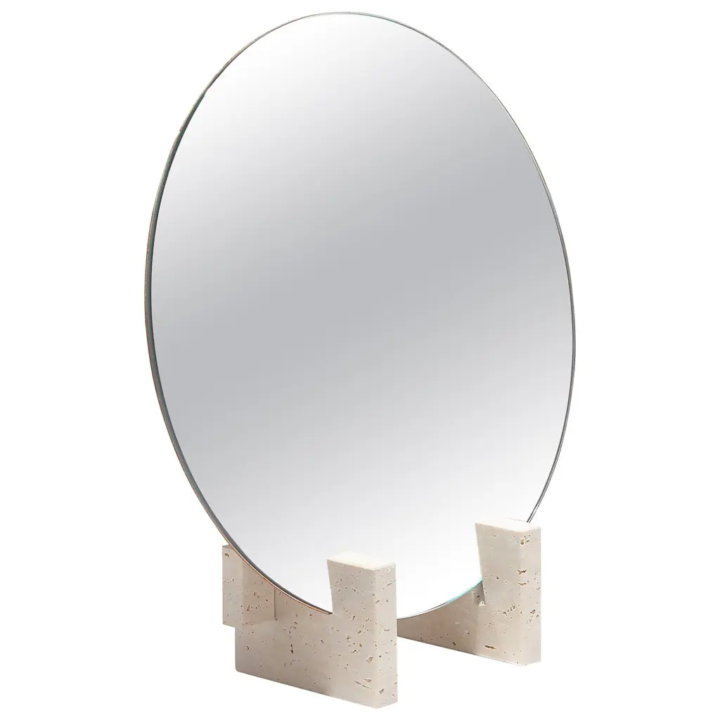 “Fit Mirror” Travertine Marble And Rusty Iron Minimalist Mirror By Aparentment
